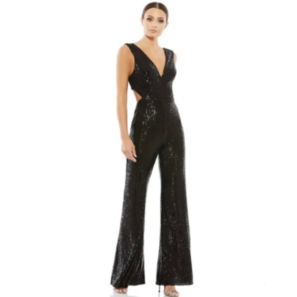 Mac Duggal Midnight Black Sequin Jumpsuit with Cutouts Cut Outs